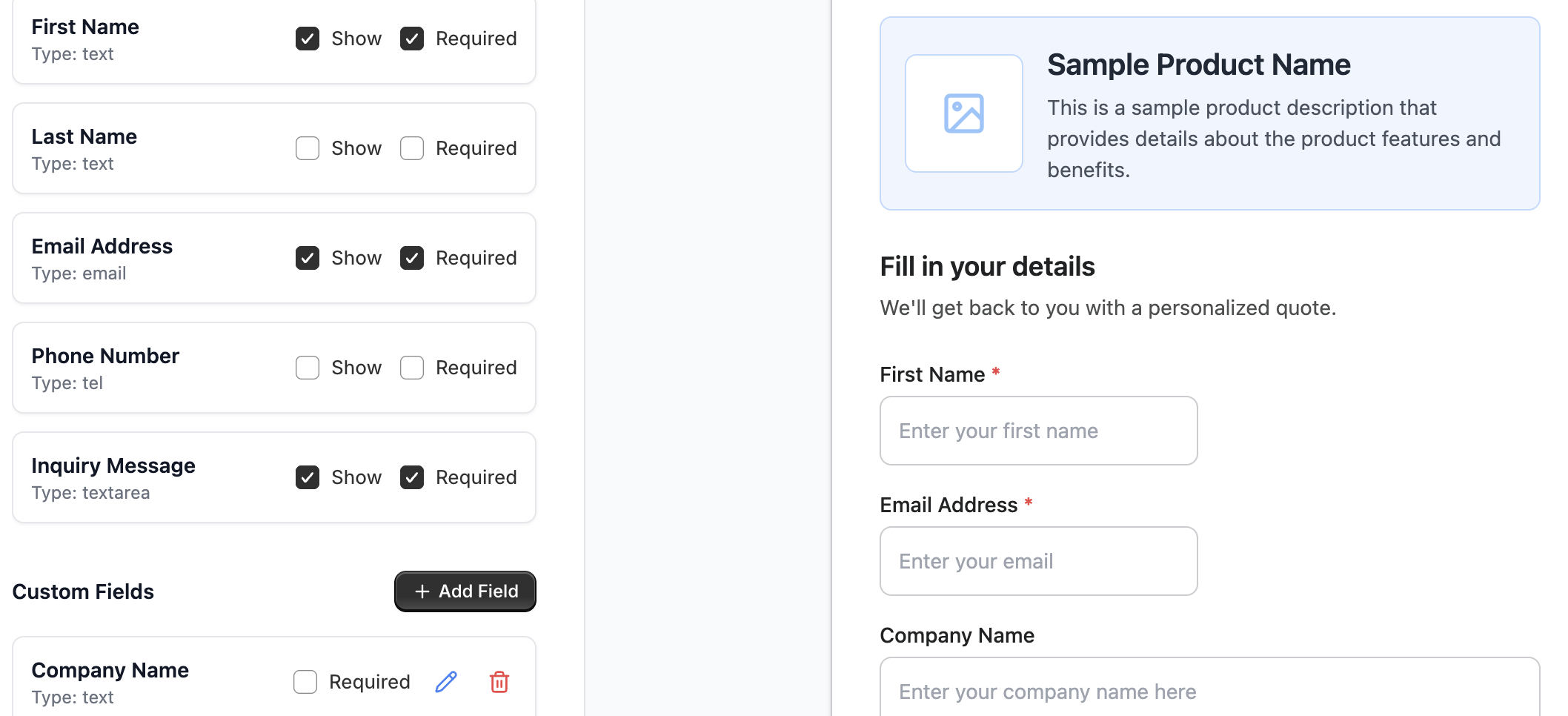 Customize the Request a Quote Form