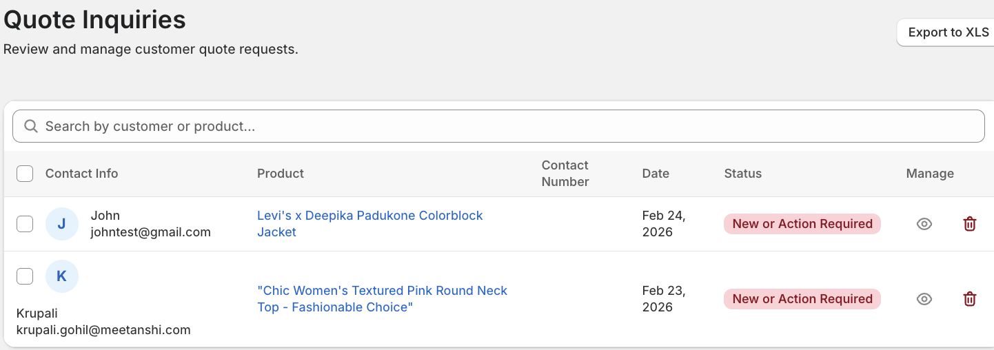 Manage Quote Inquiries Received from Form