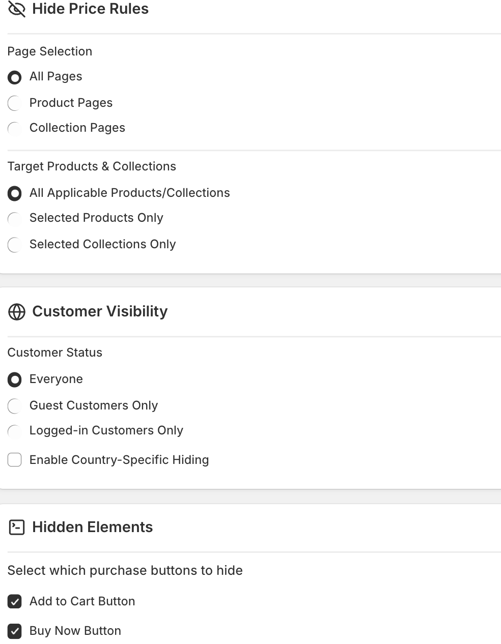 configurations to control the pricing visibility