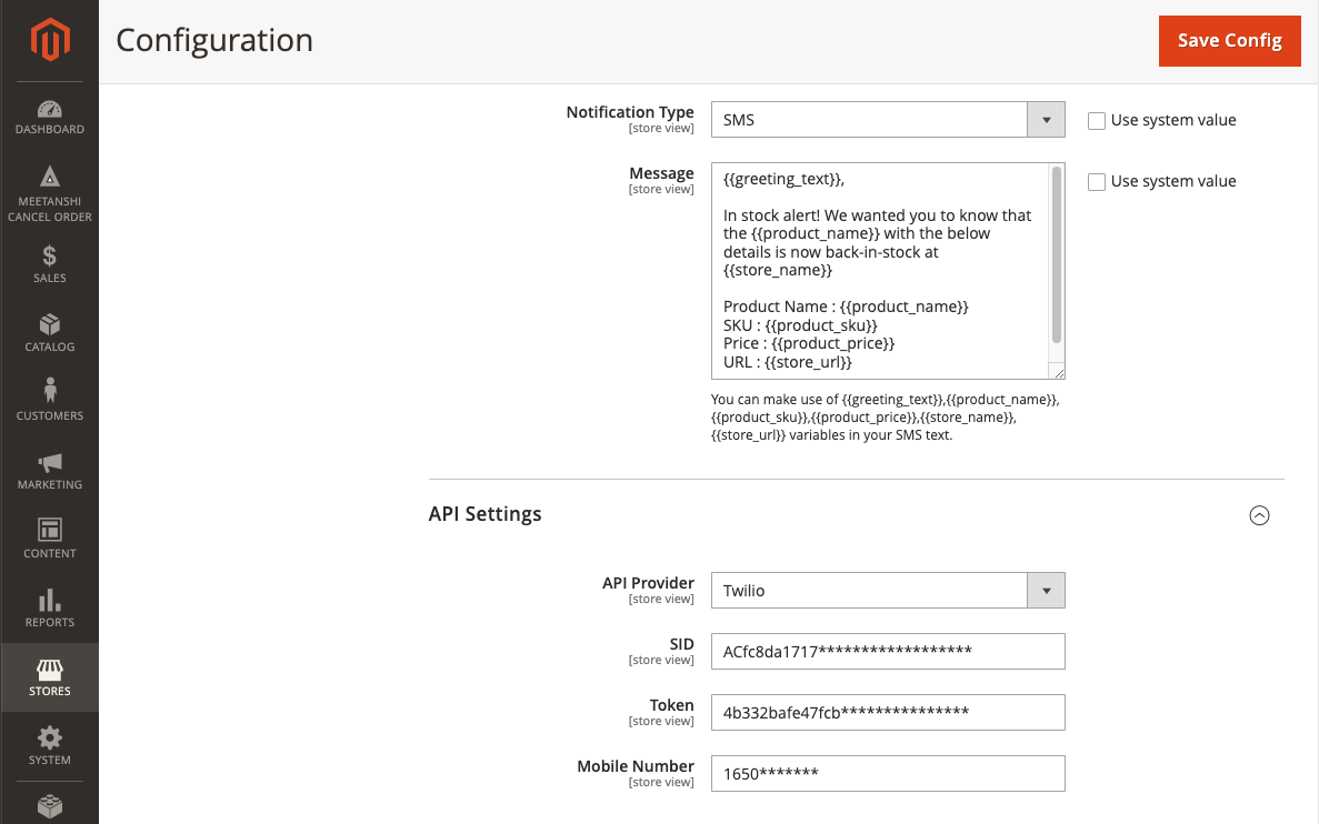 Notification Type SMS Settings