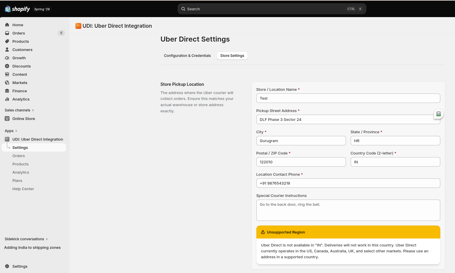 Uber Direct Settings