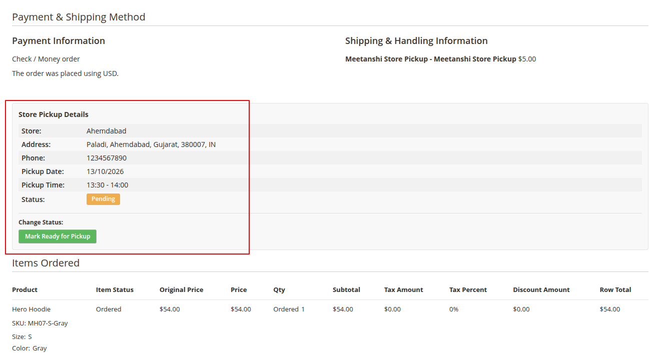 Pickup Details in Backend